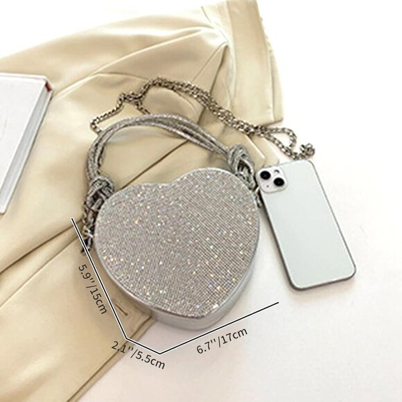 Women Evening Bag Silver Heart-Shaped Purse Crossbody Clutch Small - Picture 4 of 7